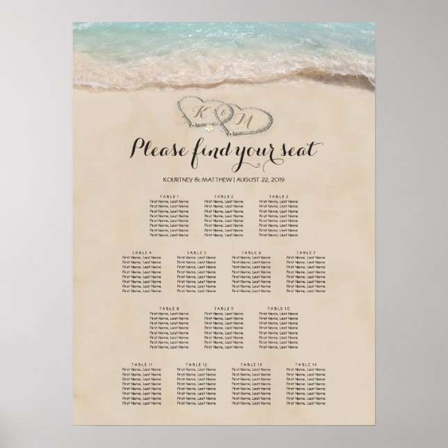 Tropical Beach Heart Wedding 14 Seating Chart (Front)