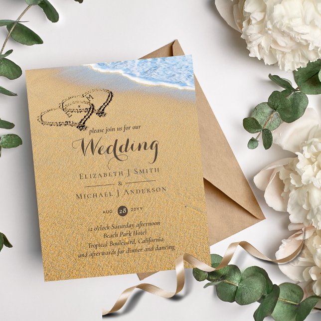 Tropical Beach Hearts in Sand Initials Wedding Inv (Creator Uploaded)