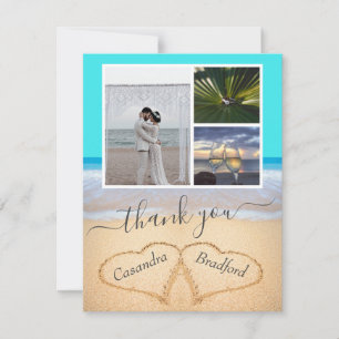 Tropical Beach Hearts in Sand Wedding Thank you Card
