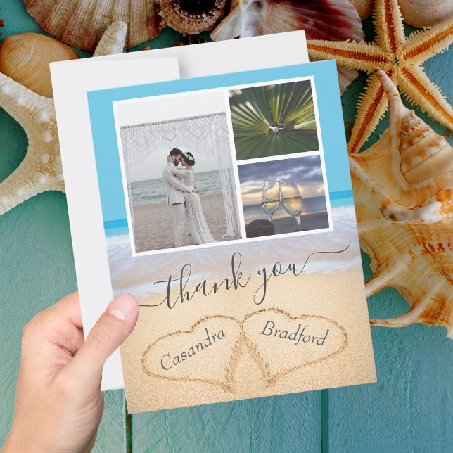 Tropical Beach Hearts in Sand Wedding Thank you Postcard (Creator Uploaded)
