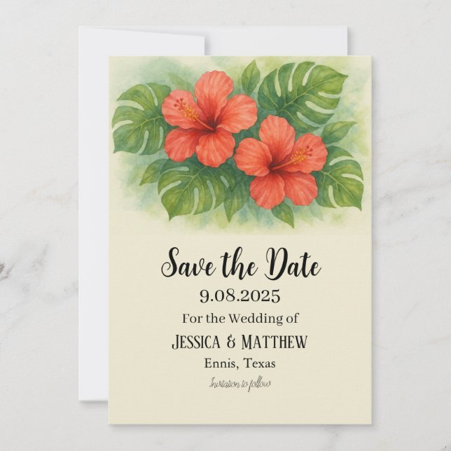 Tropical Beach Hibiscus Flowers Wedding Invitation (Front)