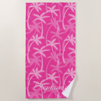 Tropical Beach Hot Pink Palm Tree Monogrammed Towel
