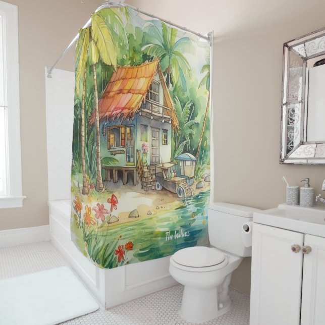 Tropical Beach House Bungalow Shower Curtain (In Situ)