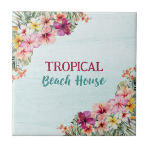 Tropical Beach House Pink Flowers Floral Botanical Ceramic Tile