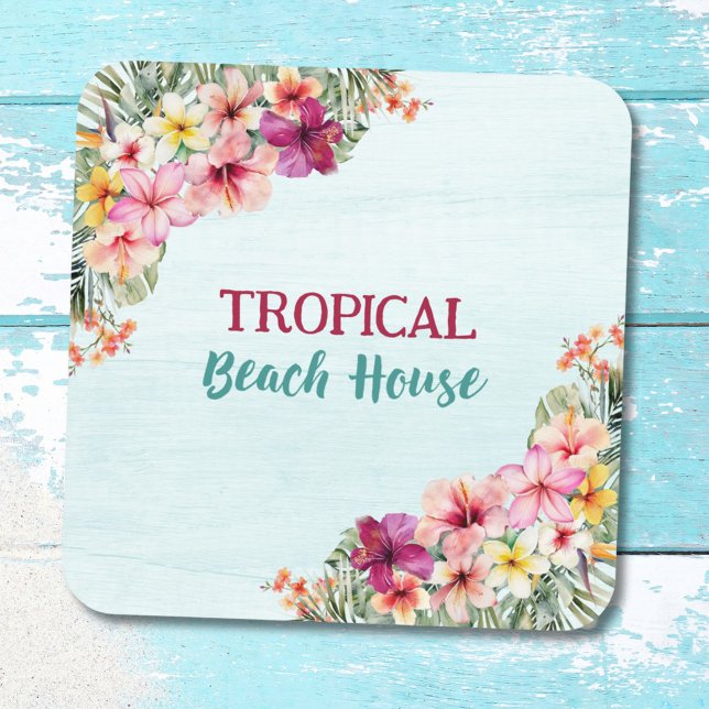 Tropical Beach House Pink Flowers Floral Botanical Coaster (In situ)