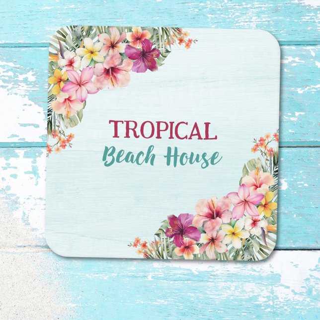 Tropical Beach House Pink Flowers Floral Botanical Square Sticker (In situ)