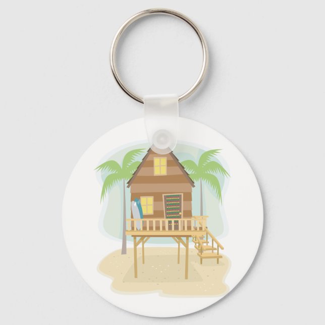 Tropical Beach Hut Surfboards and Palm Trees Key Ring (Front)