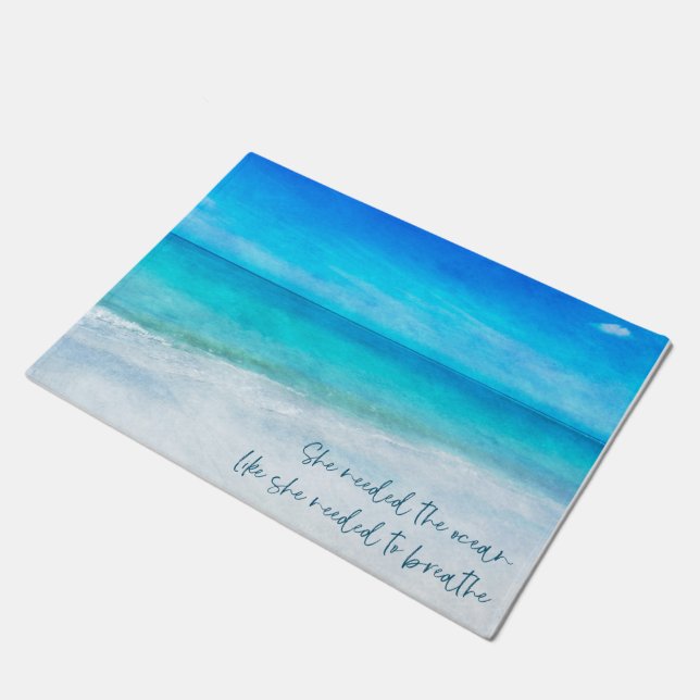 Tropical Beach in Teal Aqua Turquoise Blue Quote P Doormat (Angled)