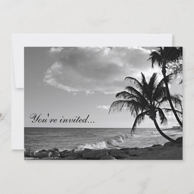 Tropical Beach Invitation in Black and White (Front)