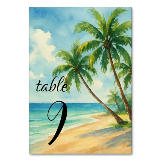 Tropical Beach Island Summer Palm Tree Wedding Table Number (Front)