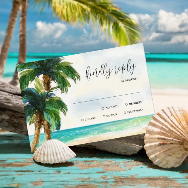 Tropical Beach Lagoon | Palm Tree Paradise Wedding RSVP Card (Creator Uploaded)