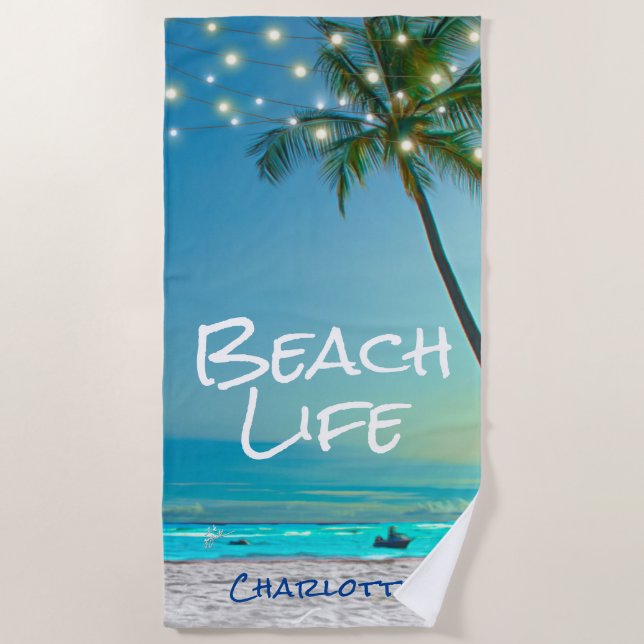 Tropical Beach Life Palm Trees Beach Blue Ocean Towel (Front)