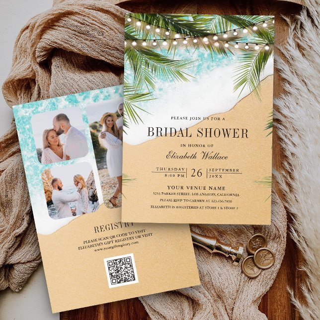 Tropical Beach Lights Photo QR Code Bridal Shower Invitation (Creator Uploaded)