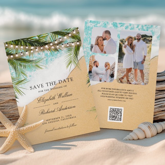 Tropical Beach Lights Photo QR Code Wedding Save The Date (Creator Uploaded)