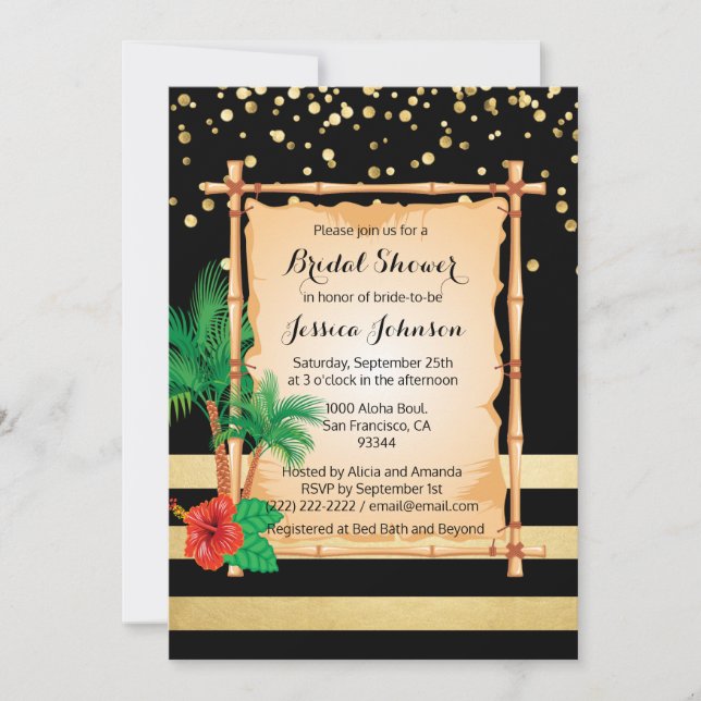 Tropical Beach Luau Black Gold Bridal Shower Invitation (Front)