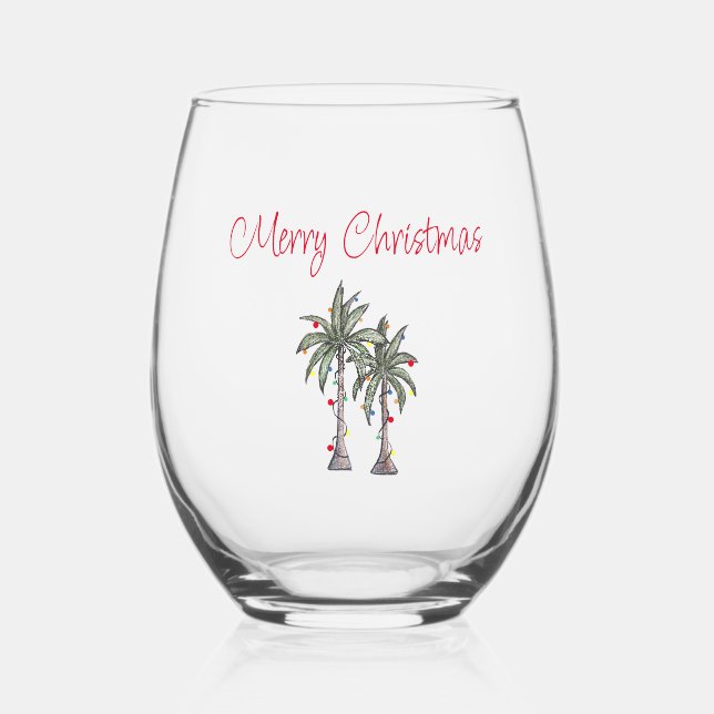 Tropical Beach Merry Christmas Palm Trees Stemless Wine Glass (Front)