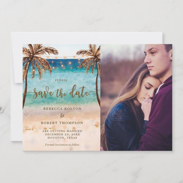 tropical beach modern save the date photo card (Front)