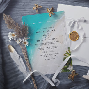 Tropical Beach Monogram Modern QR Code Wedding Invitation