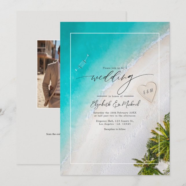 Tropical Beach Monogram Wedding Photo and QR Code Invitation (Front/Back)