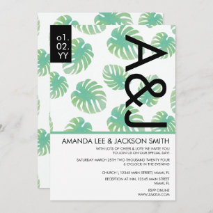 Tropical Beach Monstera Green Black Wedding Invita Invitation