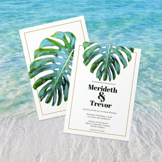 Tropical Beach Monstera Leaf Gold Modern Bold Text Invitation (Creator Uploaded)