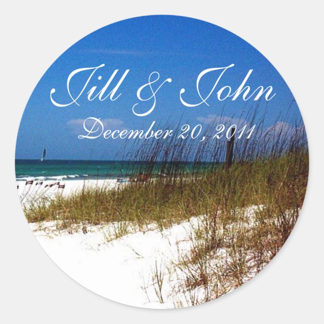 Tropical Beach Names and Date Wedding Sticker (Front)