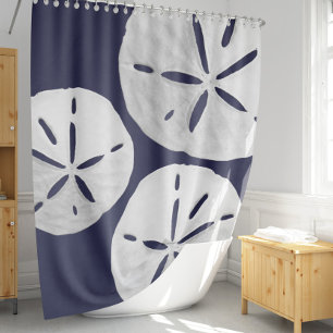 Tropical Beach Navy Blue White Sand Dollar Coastal Shower Curtain