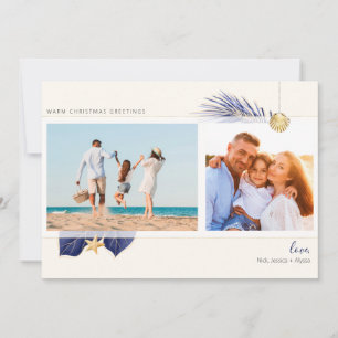Tropical Beach Navy & Gold Greenery 2-Photo Holiday Card