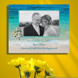 Tropical Beach Newlywed Photo Keepsake Gift Faux Canvas Print<br><div class="desc">Tropical beach frame, photo wedding gift to personalise. This newlywed gift idea has turquoise seas and beach sand as the image behind the photo. A horizontal (landscape) orientation works best. Three little white beach roses and a sea star / starfish decorate the lower corner. Text is dark blue with printed...</div>