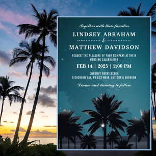 Tropical Beach Night Palm Tree Lights Wedding Invitation