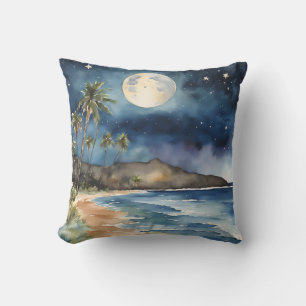 Tropical Beach Night Sky Moon Stars Watercolors Cushion