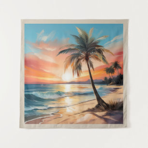 Tropical Beach Ocean And Palm Tree Sq Tapestry