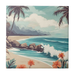 Tropical Beach, Ocean, Hibiscus Flowers  Ceramic Tile