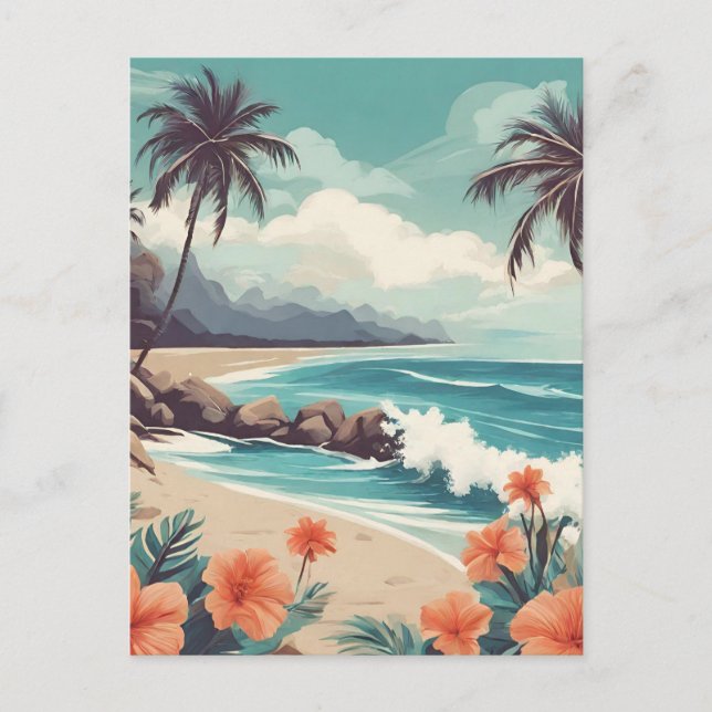 Tropical Beach, Ocean, Hibiscus Flowers  Postcard (Front)
