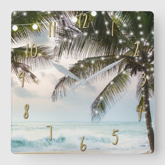 Tropical Beach Ocean Palm Trees & Lights Square Wall Clock (Front)