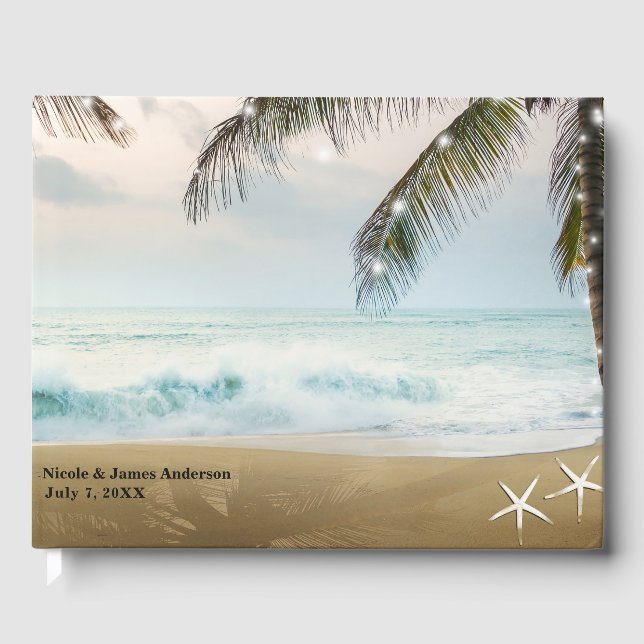 Tropical Beach Ocean Palm Trees & Lights Wedding Guest Book (Front)
