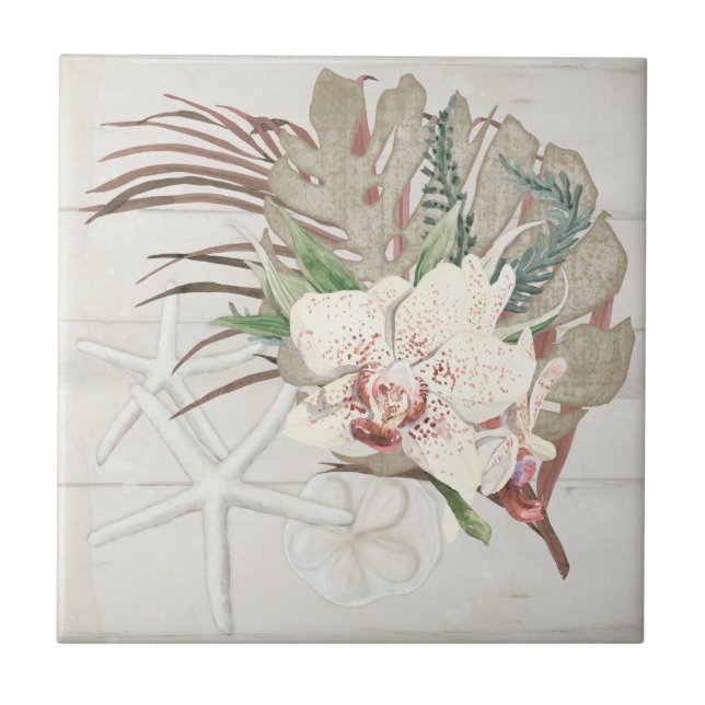 Tropical Beach Ocean Seashells White Orchid Floral Ceramic Tile (Front)