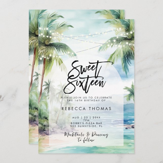 tropical beach ocean sweet 16 party invitation (Front/Back)