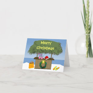 Tropical Beach Ocean Tiki Hut Santa Fun Christmas Holiday Card