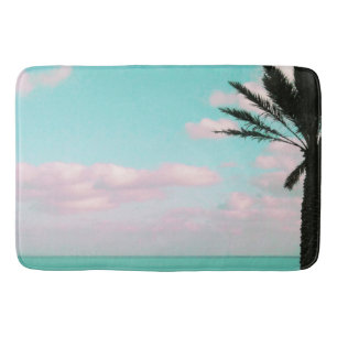 Tropical Beach, Ocean View, Pink Clouds, Palm Bath Mat