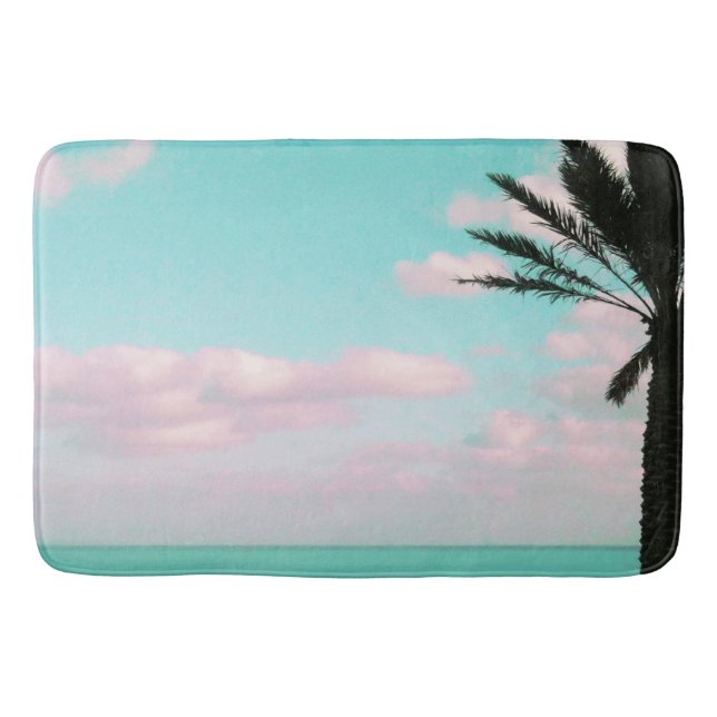 Tropical Beach, Ocean View, Pink Clouds, Palm Bath Mat (Front)