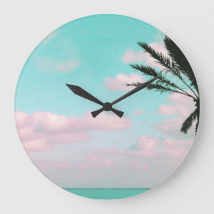 Tropical Beach, Ocean View, Pink Clouds, Palm Large Clock