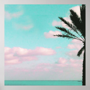 Tropical Beach, Ocean View, Pink Clouds, Palm Poster