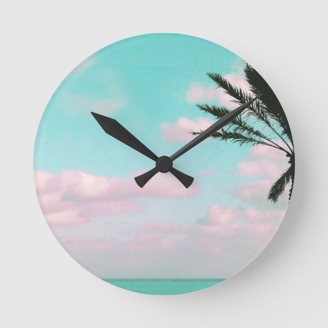 Tropical Beach, Ocean View, Pink Clouds, Palm Round Clock (Front)