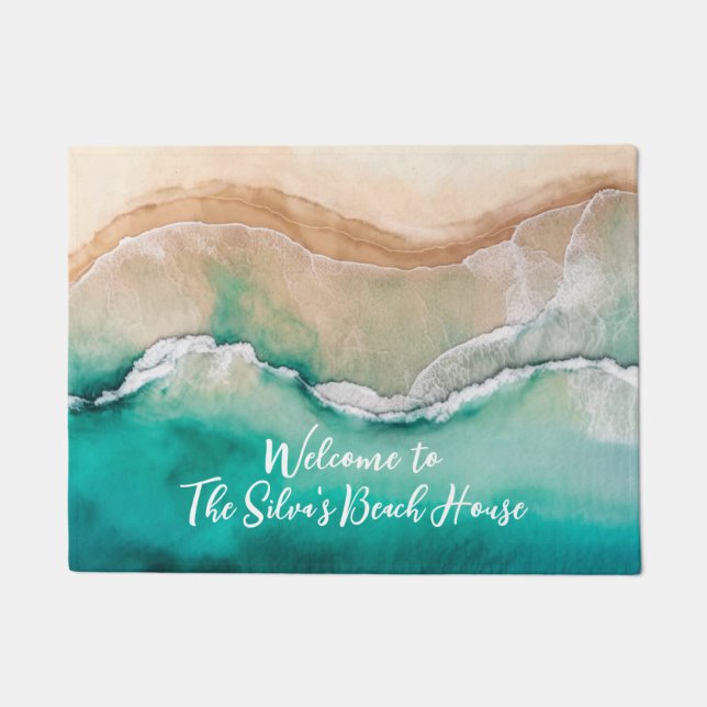 Tropical Beach Ocean Watercolor Name Beach House Doormat (Front)