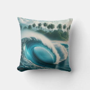 Tropical Beach Ocean Wave Crescendo Palm Trees Cushion