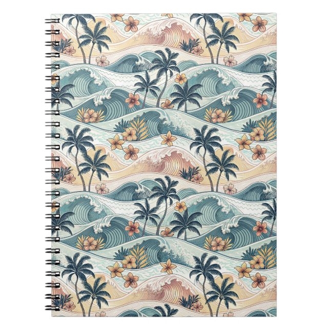 Tropical Beach Ocean Waves & Palms Floral Pattern Notebook (Front)