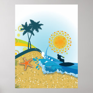 Tropical beach, ocean with surfer poster print