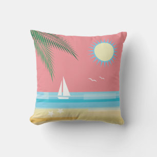 Tropical Beach on Coral Sky - Outdoor Cushion
