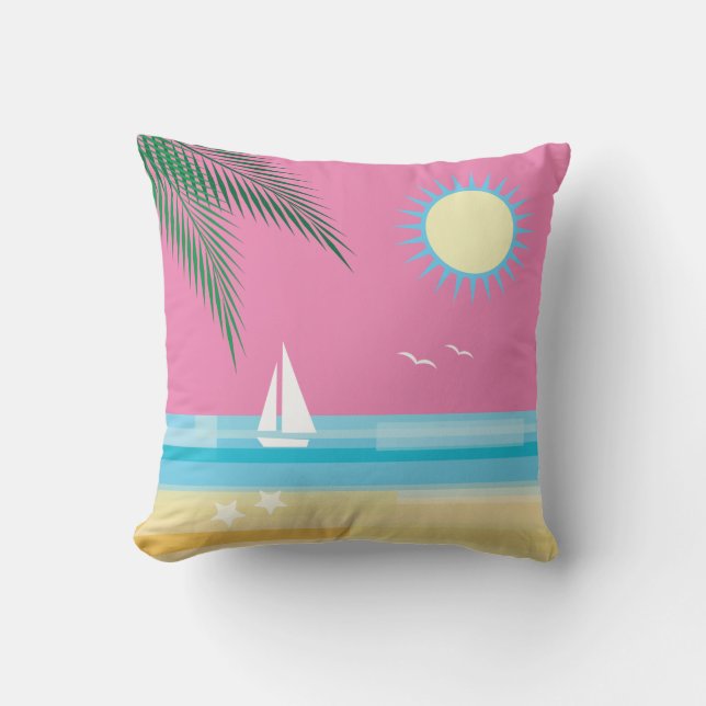 Tropical Beach on Pink Sky Cushion (Front)
